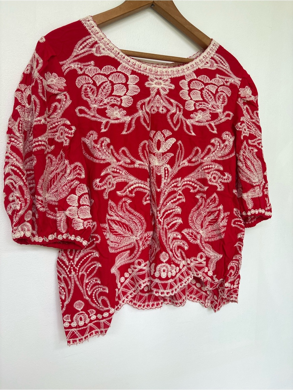 Solitaire Red Blouse with Cream Floral Embroidery